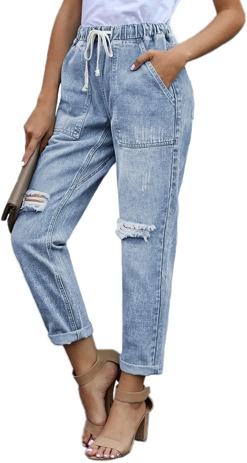 Women’s Casual Pull-on Distressed Stretch Jeans Elastic Waist Jean Denim Joggers Pants