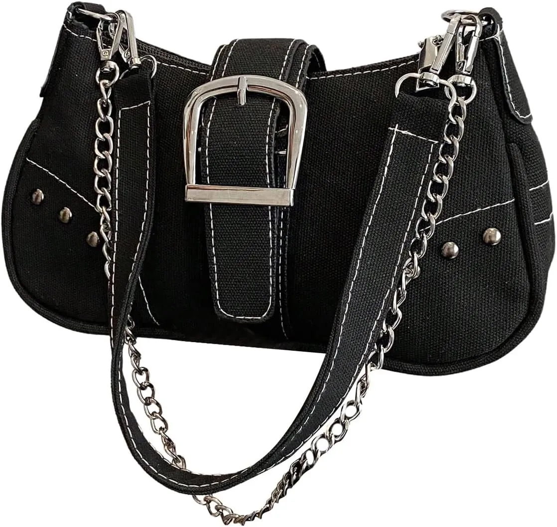 Women's Chain Studded Shoulder Bag Zipper Top Handle Flap Underarm Bag Punk Hobo Clutch Purse