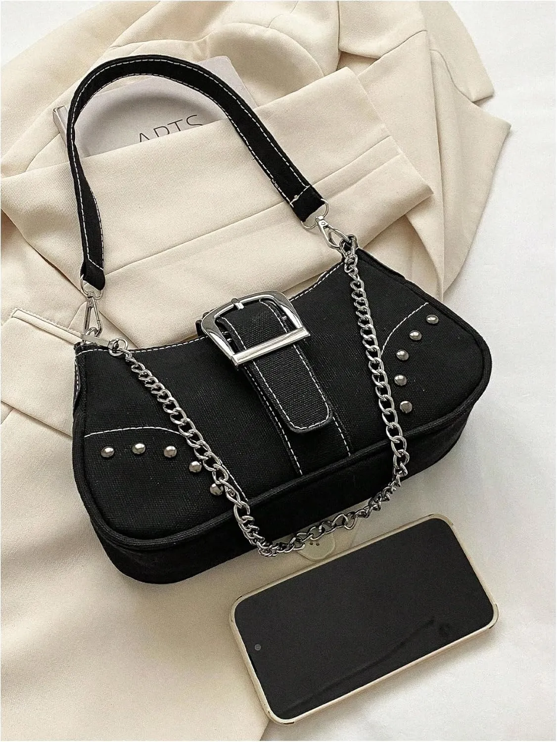 Women's Chain Studded Shoulder Bag Zipper Top Handle Flap Underarm Bag Punk Hobo Clutch Purse