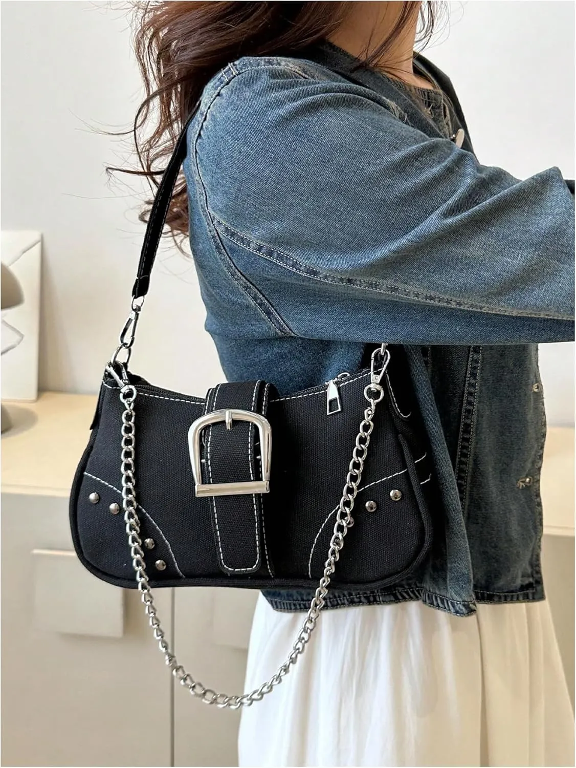 Women's Chain Studded Shoulder Bag Zipper Top Handle Flap Underarm Bag Punk Hobo Clutch Purse