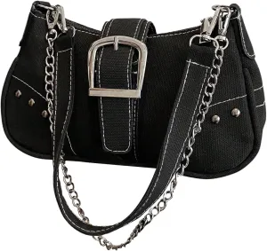 Women's Chain Studded Shoulder Bag Zipper Top Handle Flap Underarm Bag Punk Hobo Clutch Purse