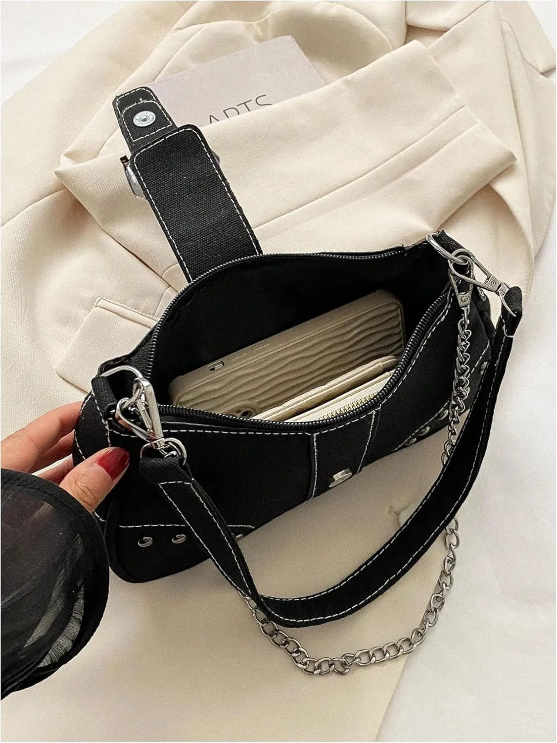 Women's Chain Studded Shoulder Bag Zipper Top Handle Flap Underarm Bag Punk Hobo Clutch Purse