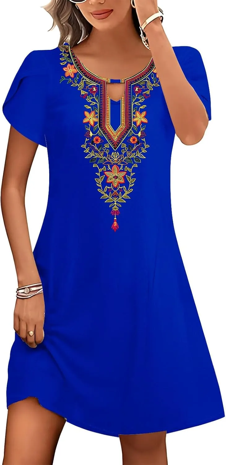 Womens Classic Western Printed Dress Casual Loose Petal Short Sleeved Dress Summer Boho Maxi Dress Mini Sun Dress