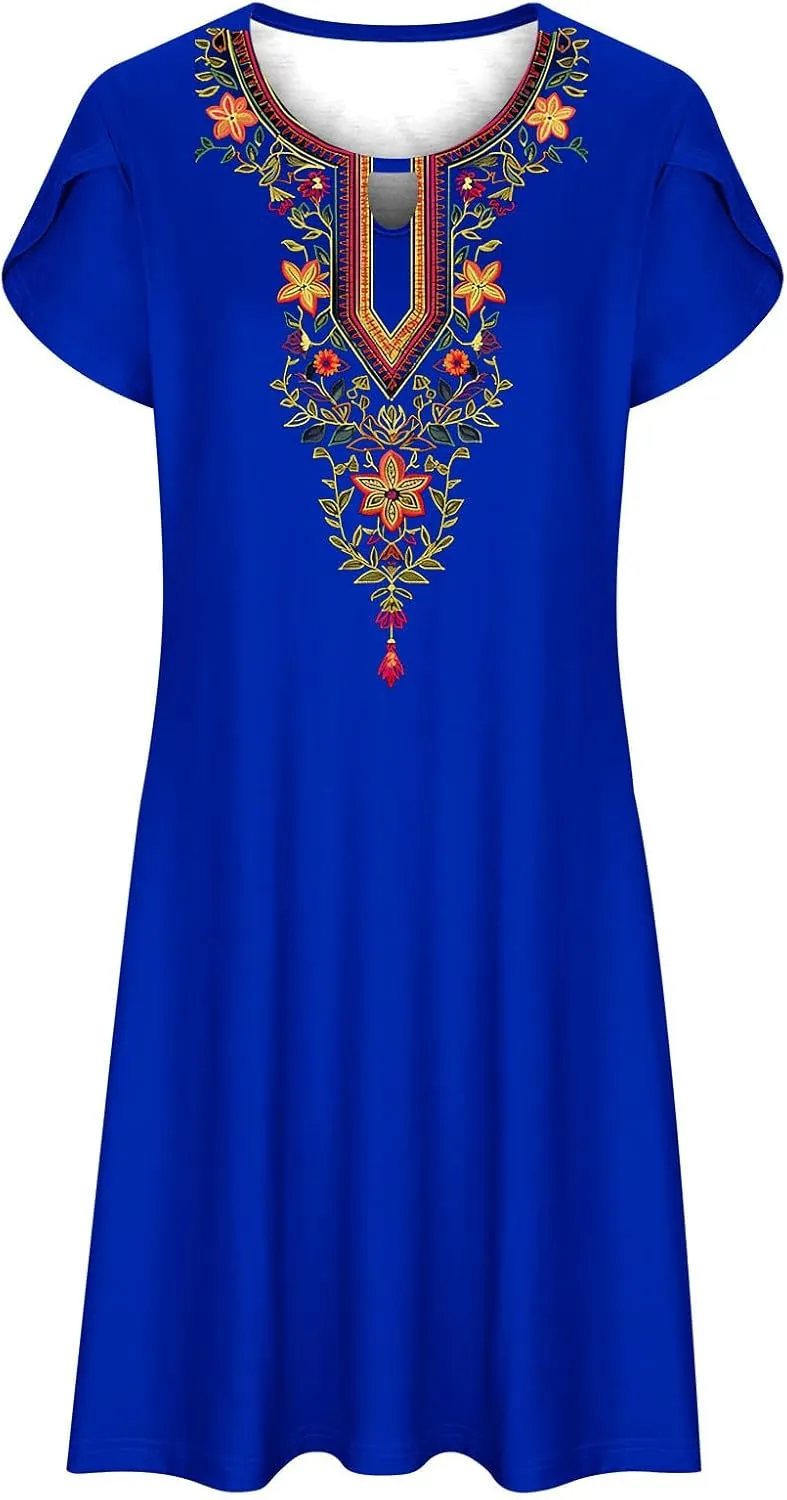 Womens Classic Western Printed Dress Casual Loose Petal Short Sleeved Dress Summer Boho Maxi Dress Mini Sun Dress