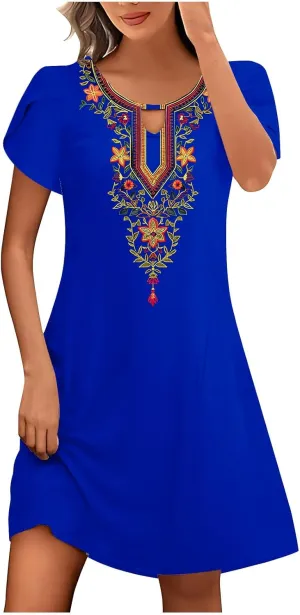 Womens Classic Western Printed Dress Casual Loose Petal Short Sleeved Dress Summer Boho Maxi Dress Mini Sun Dress