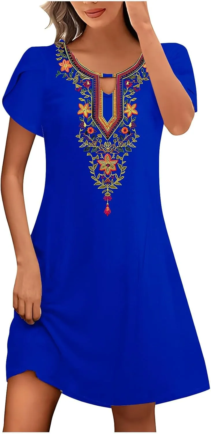 Womens Classic Western Printed Dress Casual Loose Petal Short Sleeved Dress Summer Boho Maxi Dress Mini Sun Dress