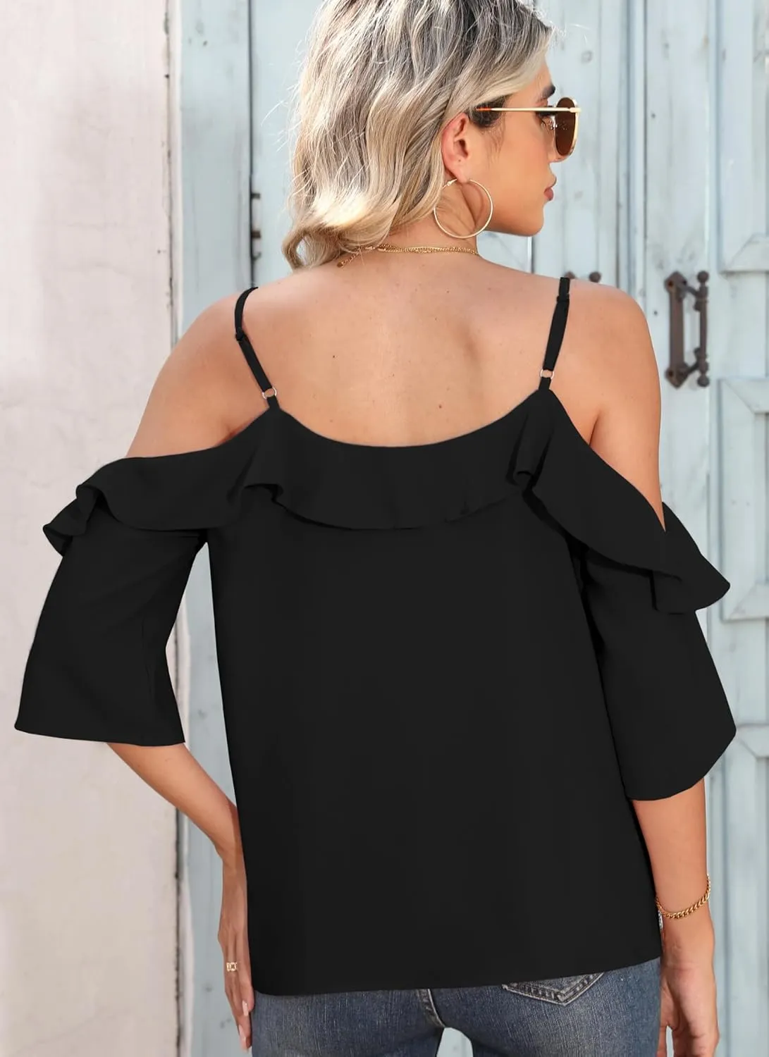 Women's Cold Shoulder Blouses Ruffle Dressy Casual 3/4 Sleeve Chiffon Tops Flowy Adjustable Strap Summer Shirt