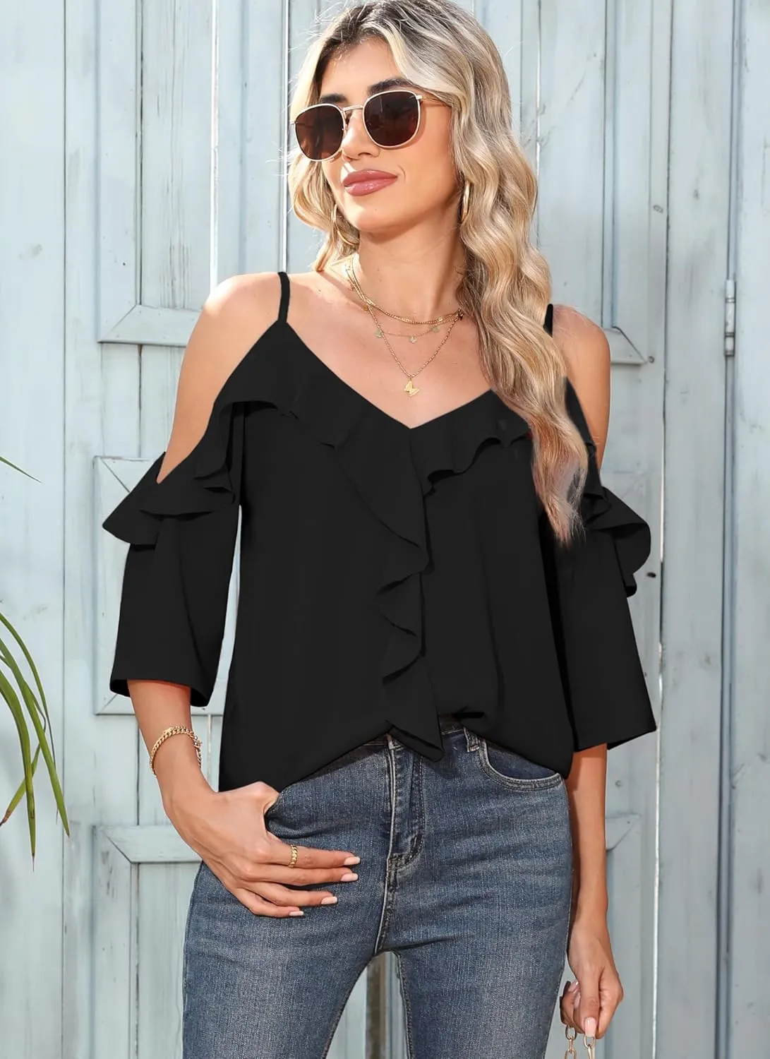 Women's Cold Shoulder Blouses Ruffle Dressy Casual 3/4 Sleeve Chiffon Tops Flowy Adjustable Strap Summer Shirt