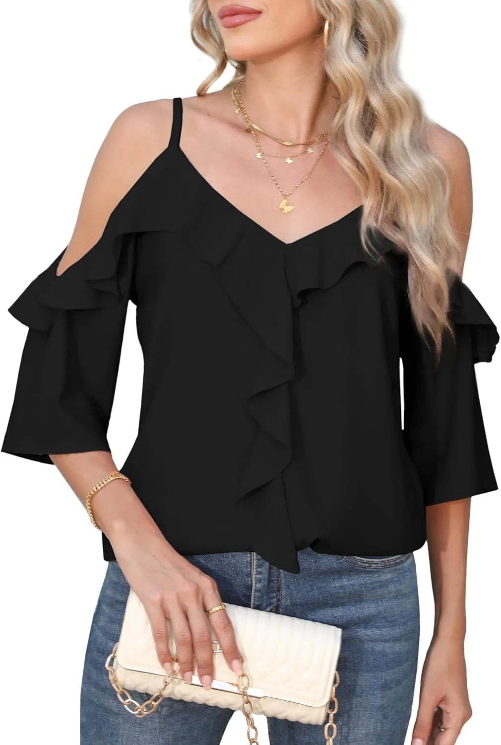 Women's Cold Shoulder Blouses Ruffle Dressy Casual 3/4 Sleeve Chiffon Tops Flowy Adjustable Strap Summer Shirt