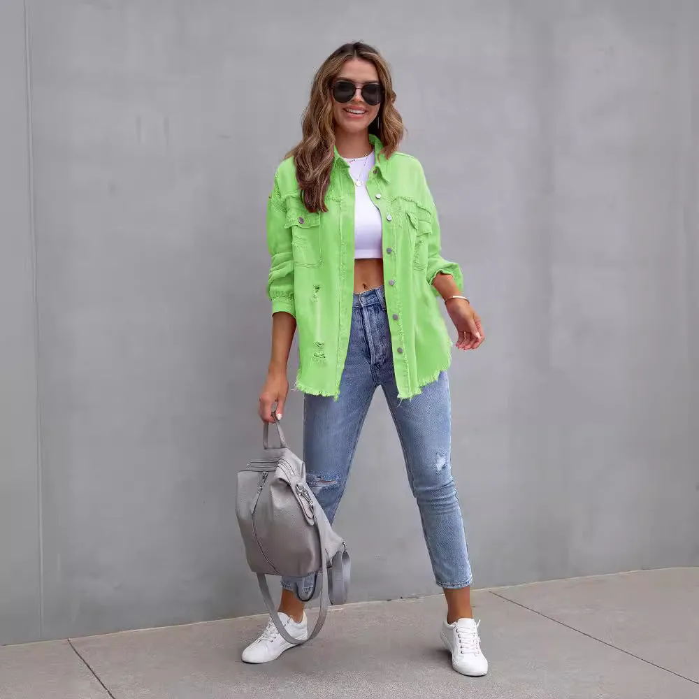 Women’s Denim Jacket – Oversized Fit – Distressed Frayed – Mid Length Casual Layer