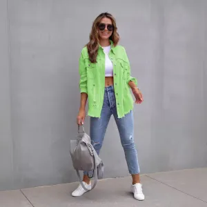 Women’s Denim Jacket – Oversized Fit – Distressed Frayed – Mid Length Casual Layer
