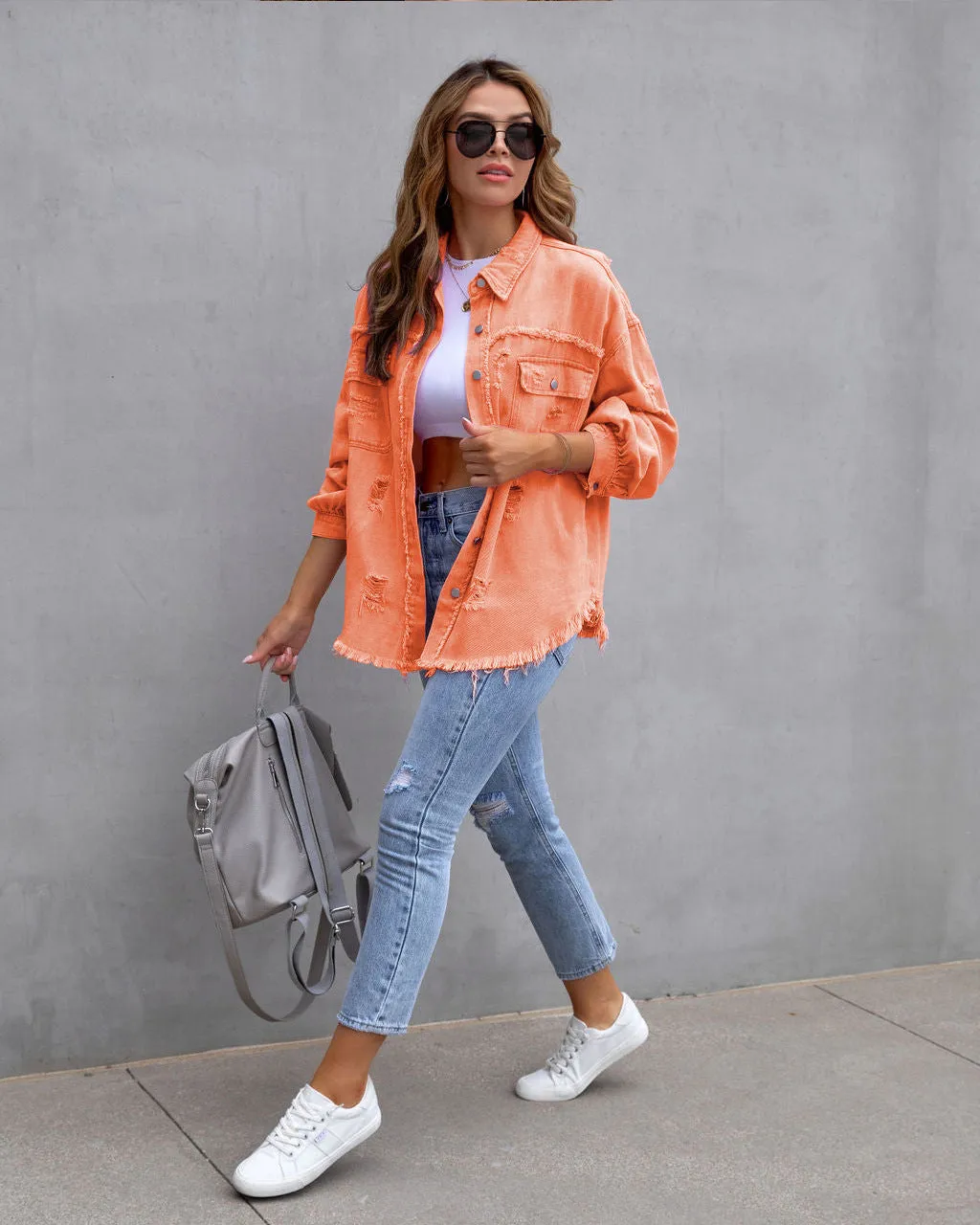 Women’s Denim Jacket – Oversized Fit – Distressed Frayed – Mid Length Casual Layer