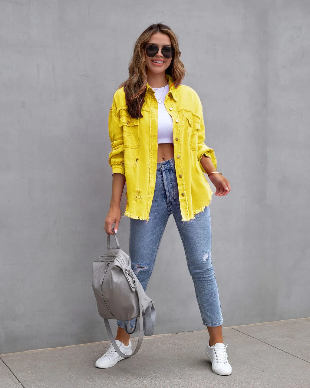 Women’s Denim Jacket – Oversized Fit – Distressed Frayed – Mid Length Casual Layer