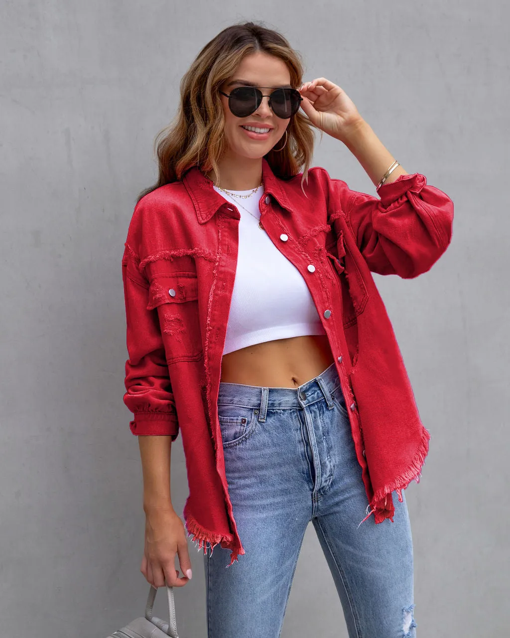 Women’s Denim Jacket – Oversized Fit – Distressed Frayed – Mid Length Casual Layer