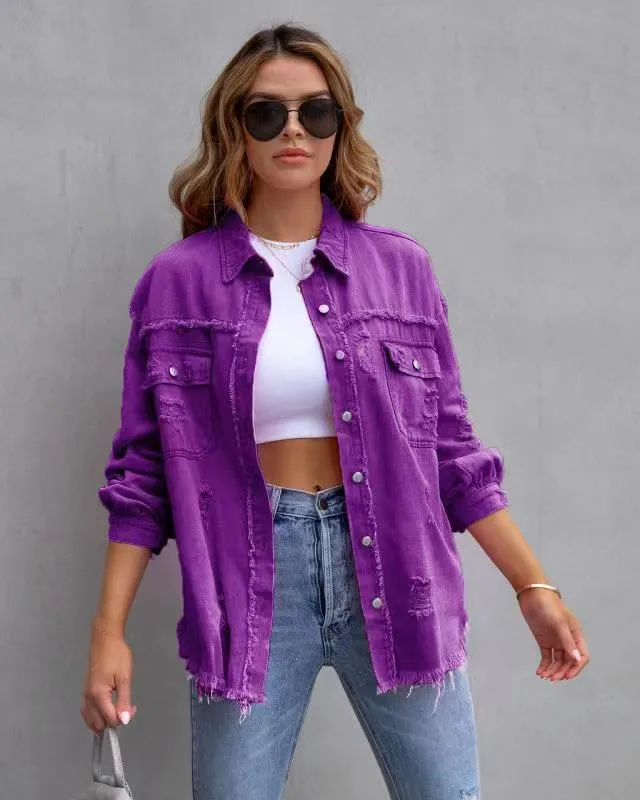 Women’s Denim Jacket – Oversized Fit – Distressed Frayed – Mid Length Casual Layer