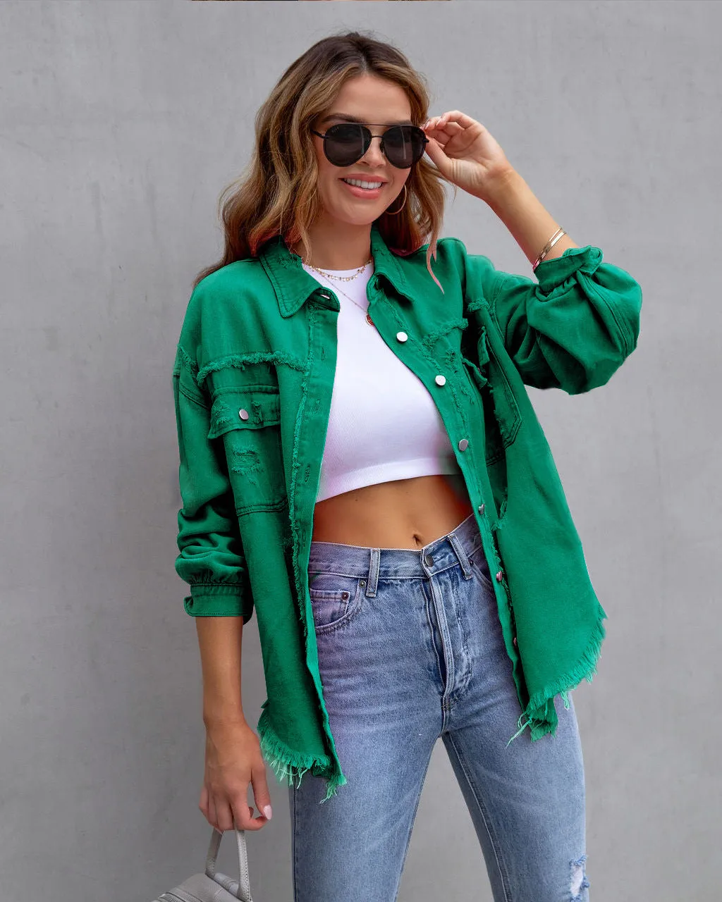 Women’s Denim Jacket – Oversized Fit – Distressed Frayed – Mid Length Casual Layer