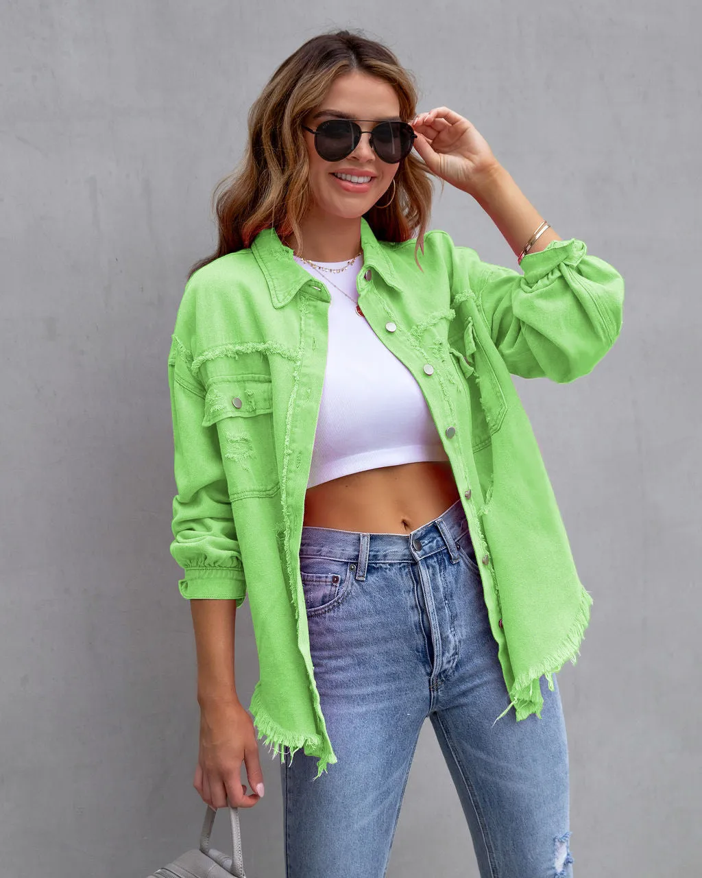Women’s Denim Jacket – Oversized Fit – Distressed Frayed – Mid Length Casual Layer