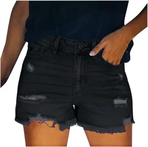 Womens Denim Shorts Mid Rise Ripped Jean Shorts Summer Stretchy Jean Shorts Distressed Rolled Hem Jeans Shorts