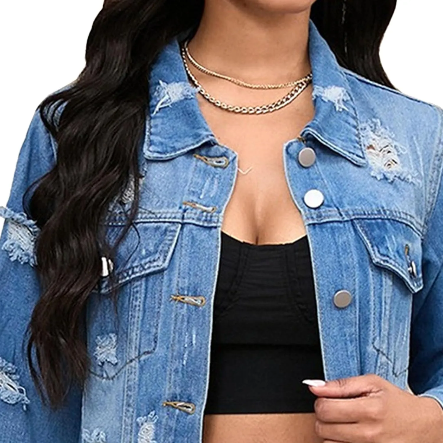 Women's Distressed Long Denim Jacket Ripped Hole Over Knee Midi Trench Coat Destroyed Classic Maxi Jean Jacket