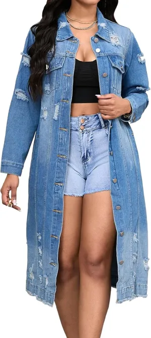 Women's Distressed Long Denim Jacket Ripped Hole Over Knee Midi Trench Coat Destroyed Classic Maxi Jean Jacket