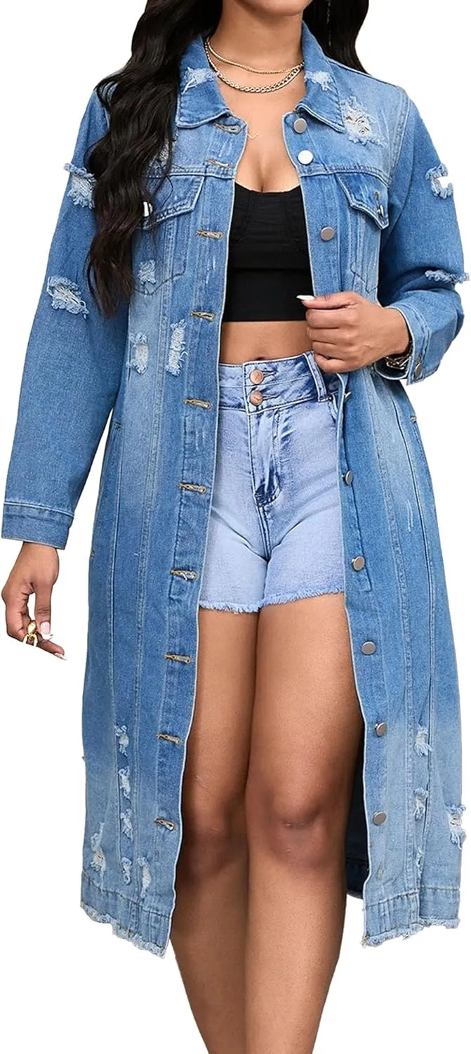 Women's Distressed Long Denim Jacket Ripped Hole Over Knee Midi Trench Coat Destroyed Classic Maxi Jean Jacket