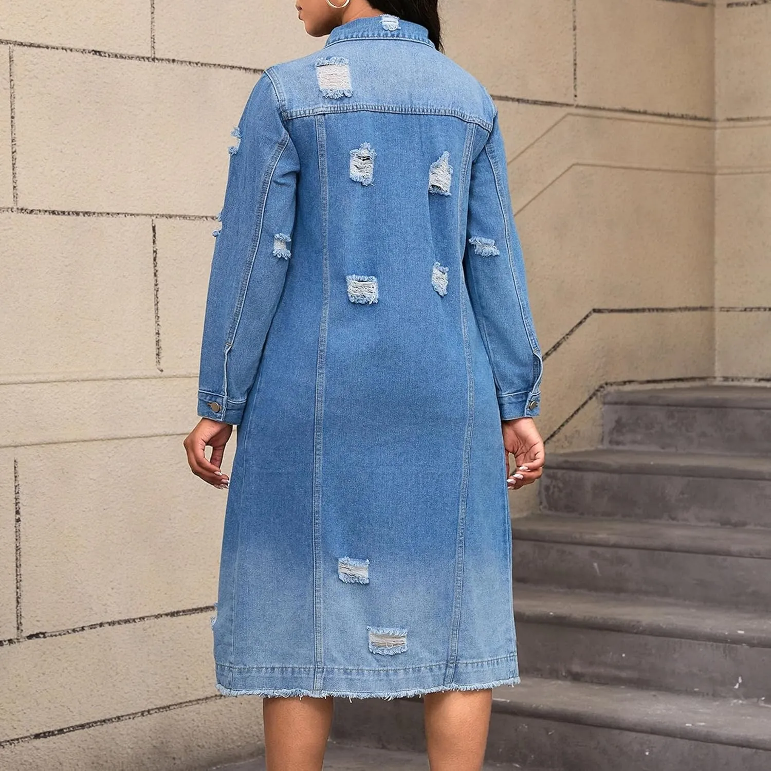 Women's Distressed Long Denim Jacket Ripped Hole Over Knee Midi Trench Coat Destroyed Classic Maxi Jean Jacket