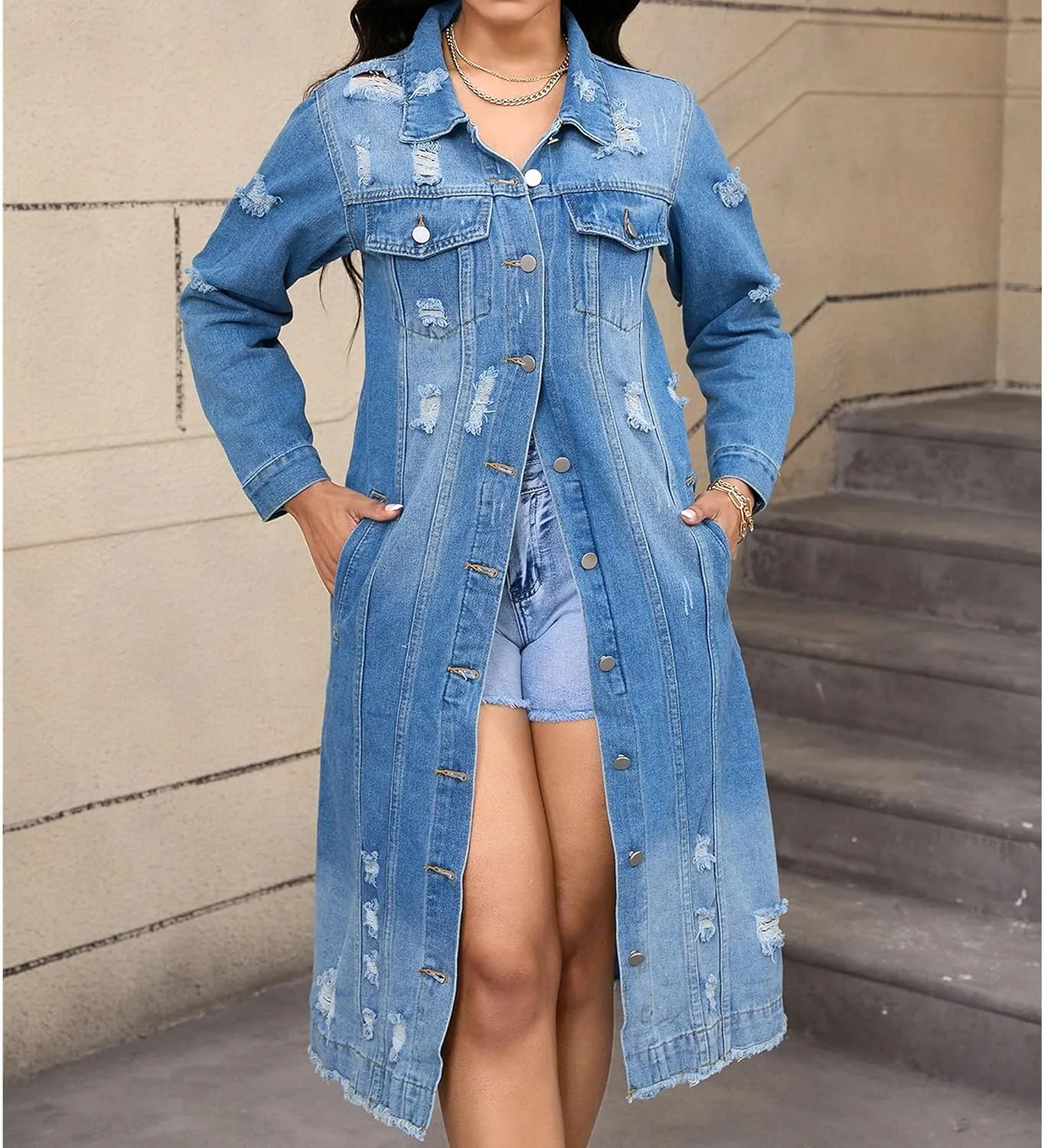 Women's Distressed Long Denim Jacket Ripped Hole Over Knee Midi Trench Coat Destroyed Classic Maxi Jean Jacket