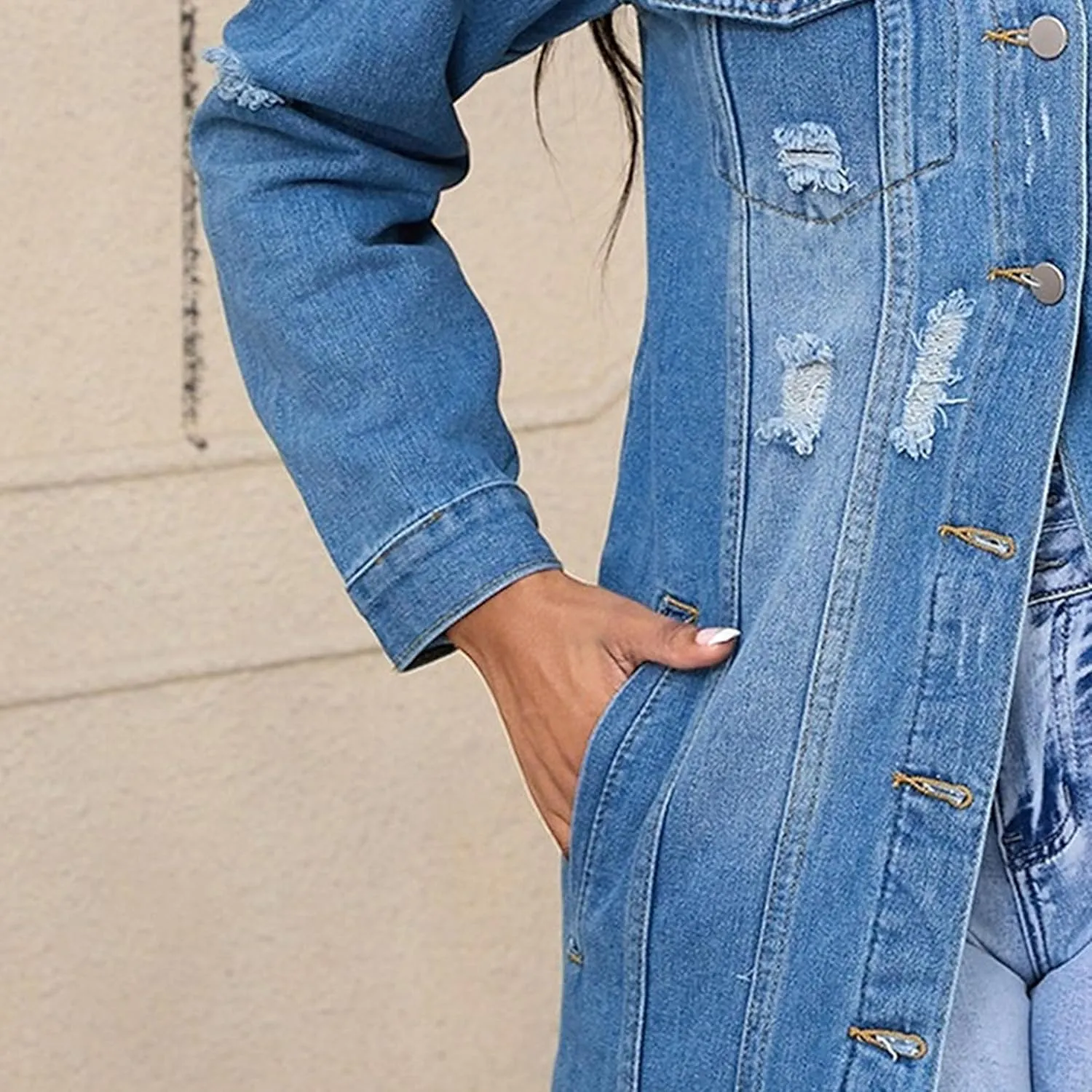 Women's Distressed Long Denim Jacket Ripped Hole Over Knee Midi Trench Coat Destroyed Classic Maxi Jean Jacket