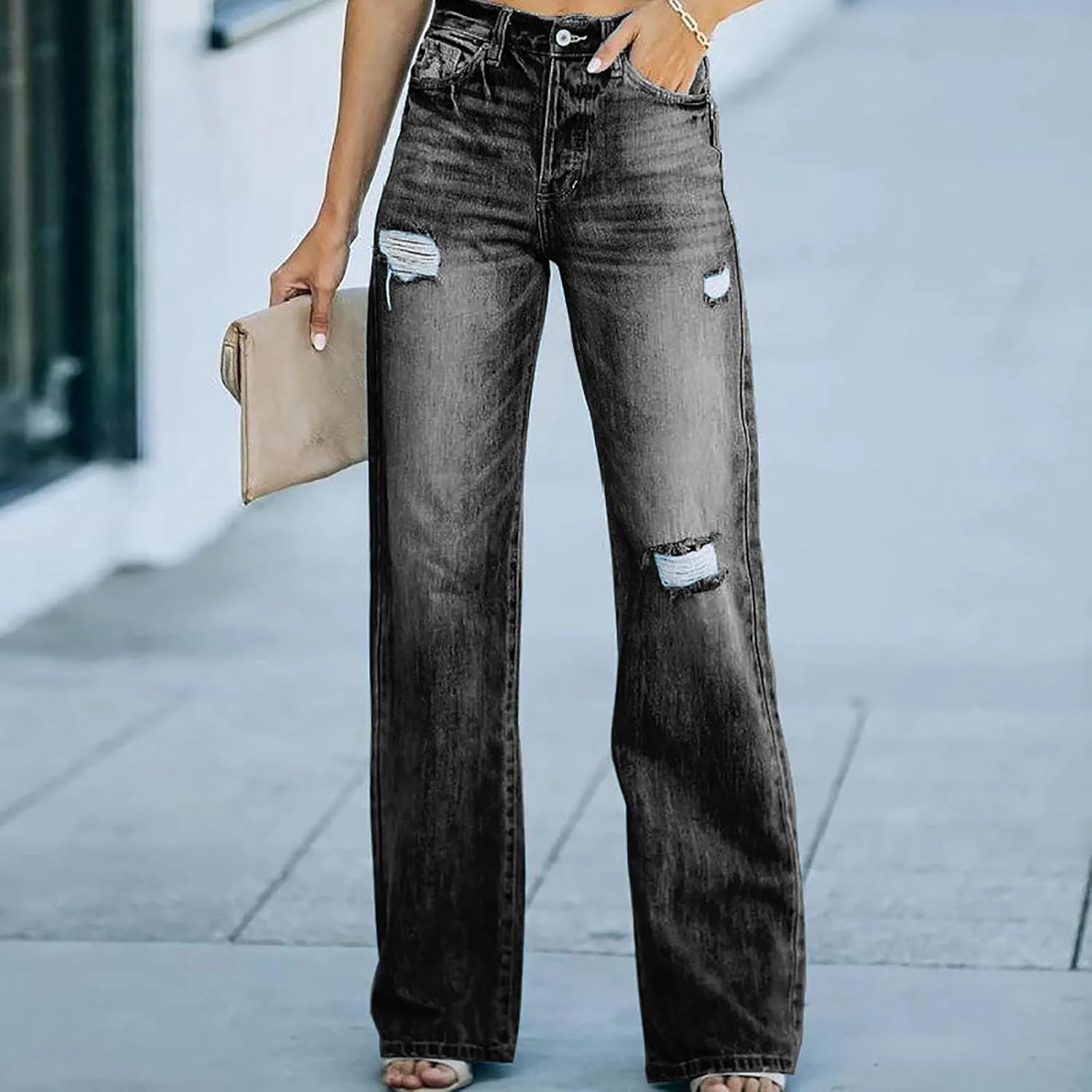 Women's Distressed Wash Denim Jeans Mid Waisted Comfy Button Zipper Palazzo Jeans Fashion 2024 Wide Leg Denim Pants