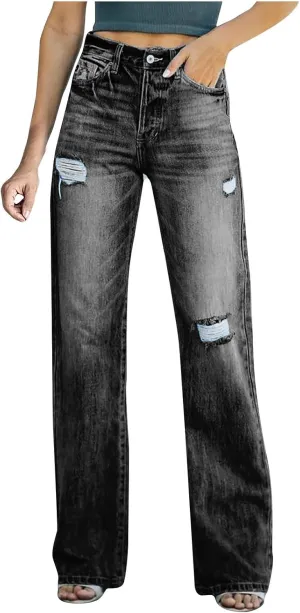 Women's Distressed Wash Denim Jeans Mid Waisted Comfy Button Zipper Palazzo Jeans Fashion 2024 Wide Leg Denim Pants