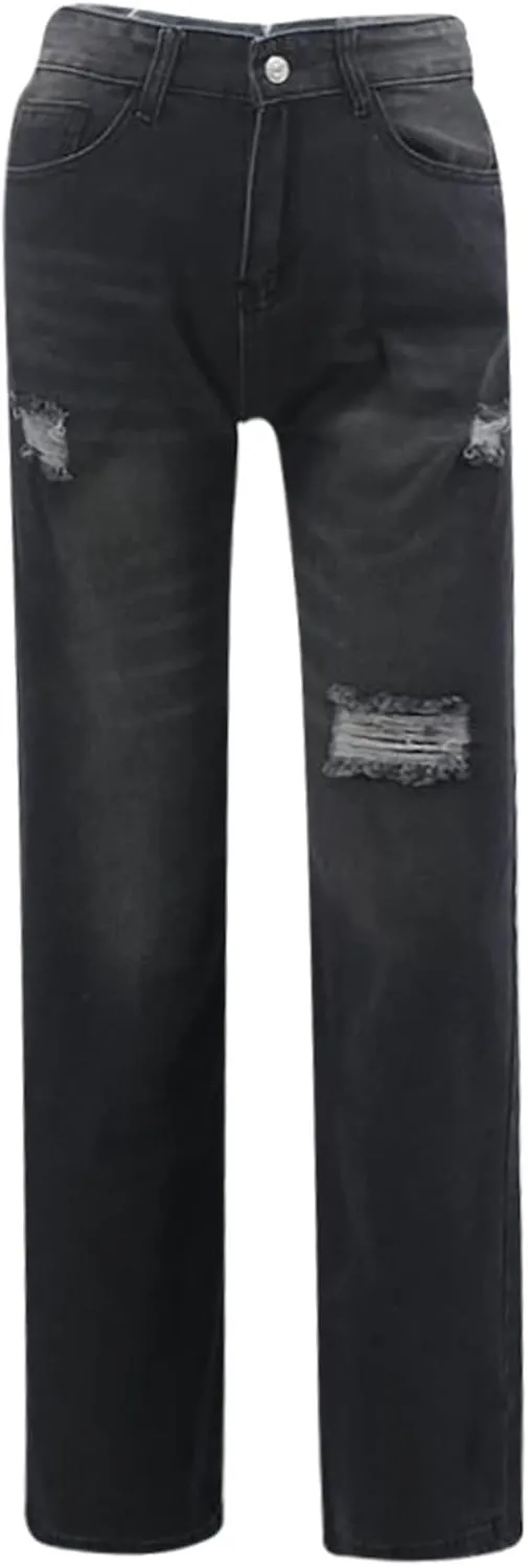 Women's Distressed Wash Denim Jeans Mid Waisted Comfy Button Zipper Palazzo Jeans Fashion 2024 Wide Leg Denim Pants
