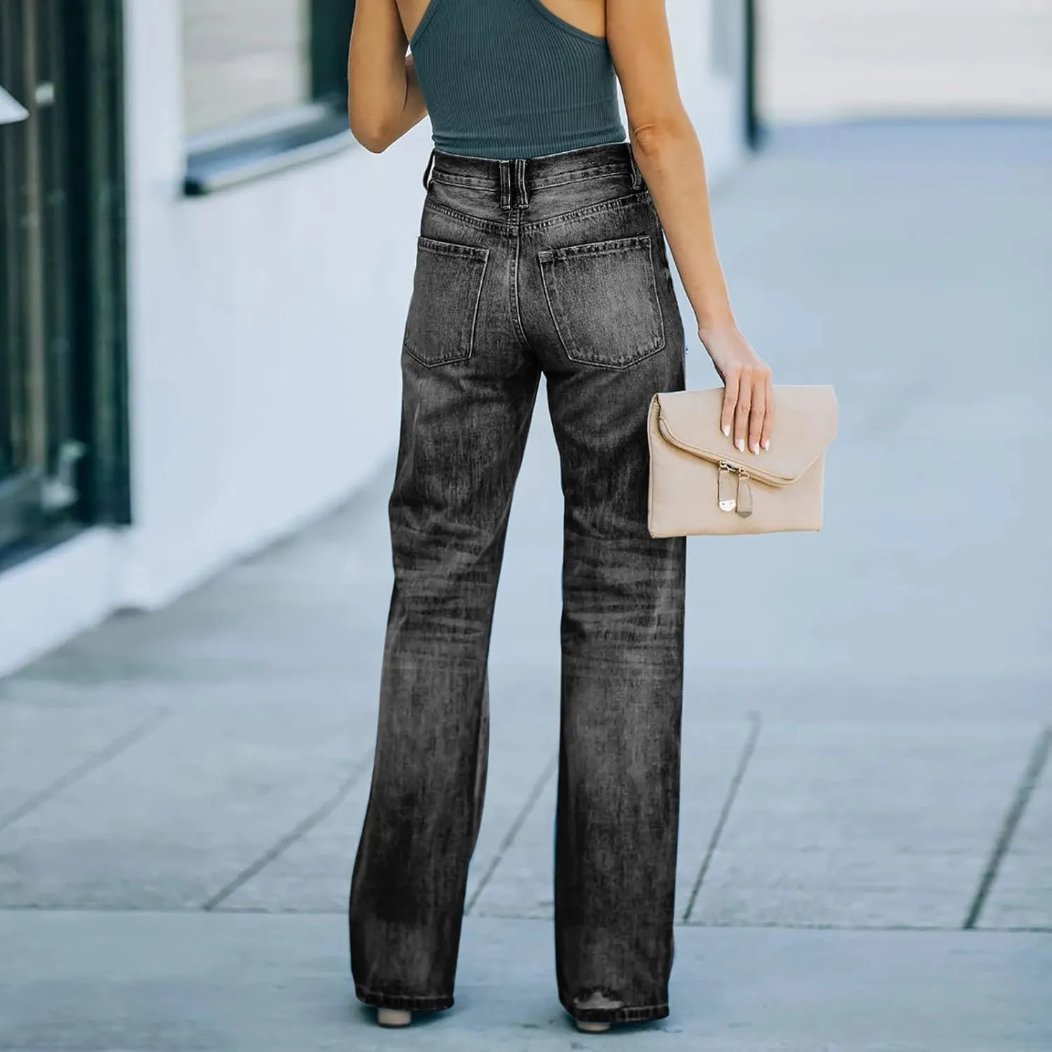 Women's Distressed Wash Denim Jeans Mid Waisted Comfy Button Zipper Palazzo Jeans Fashion 2024 Wide Leg Denim Pants