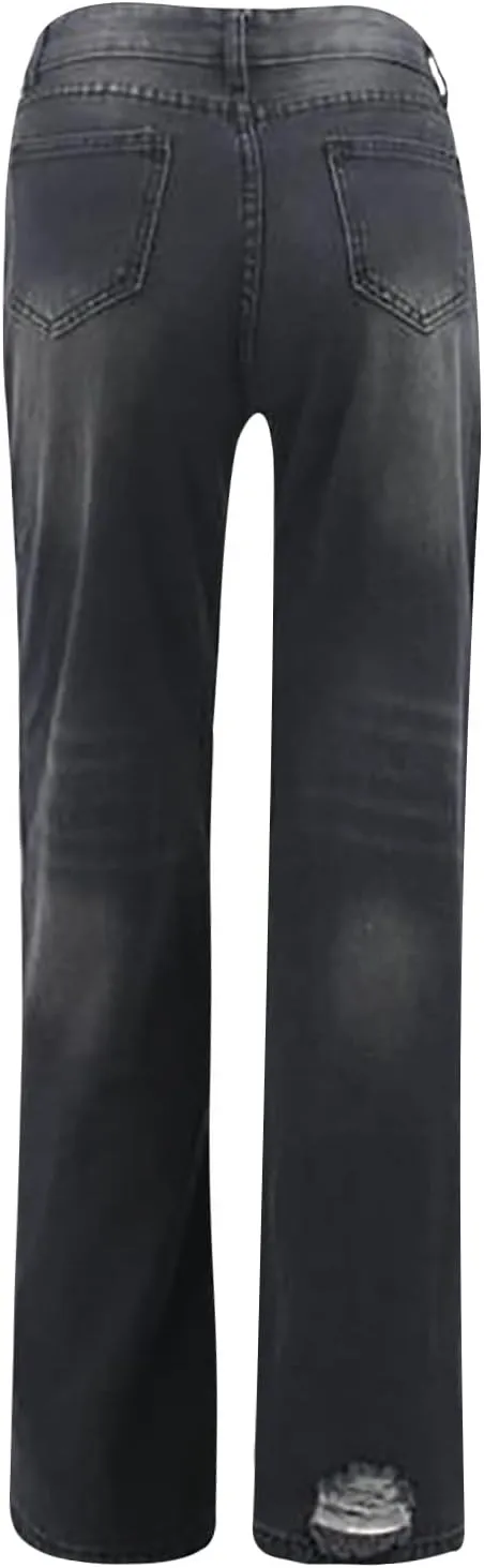 Women's Distressed Wash Denim Jeans Mid Waisted Comfy Button Zipper Palazzo Jeans Fashion 2024 Wide Leg Denim Pants