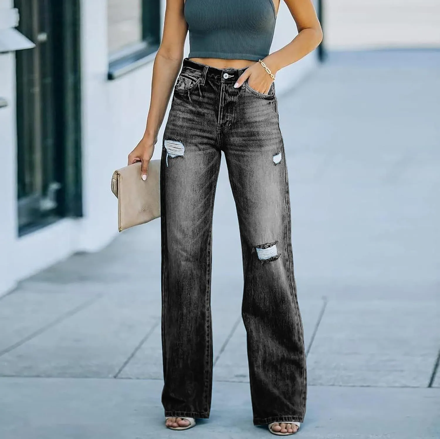 Women's Distressed Wash Denim Jeans Mid Waisted Comfy Button Zipper Palazzo Jeans Fashion 2024 Wide Leg Denim Pants