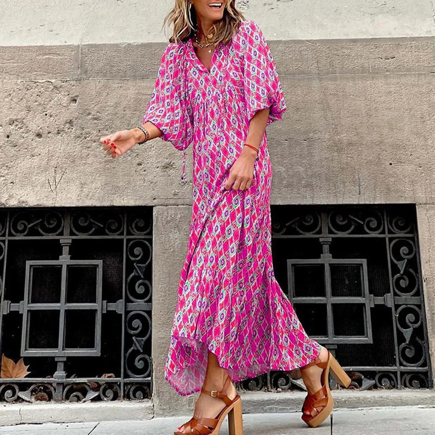Women's Elbow Sleeve Trendy Summer Dresses Boho Floral Print Midi Dresses Flowy Loose Casual Beach Dress