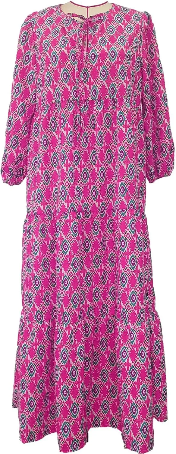 Women's Elbow Sleeve Trendy Summer Dresses Boho Floral Print Midi Dresses Flowy Loose Casual Beach Dress