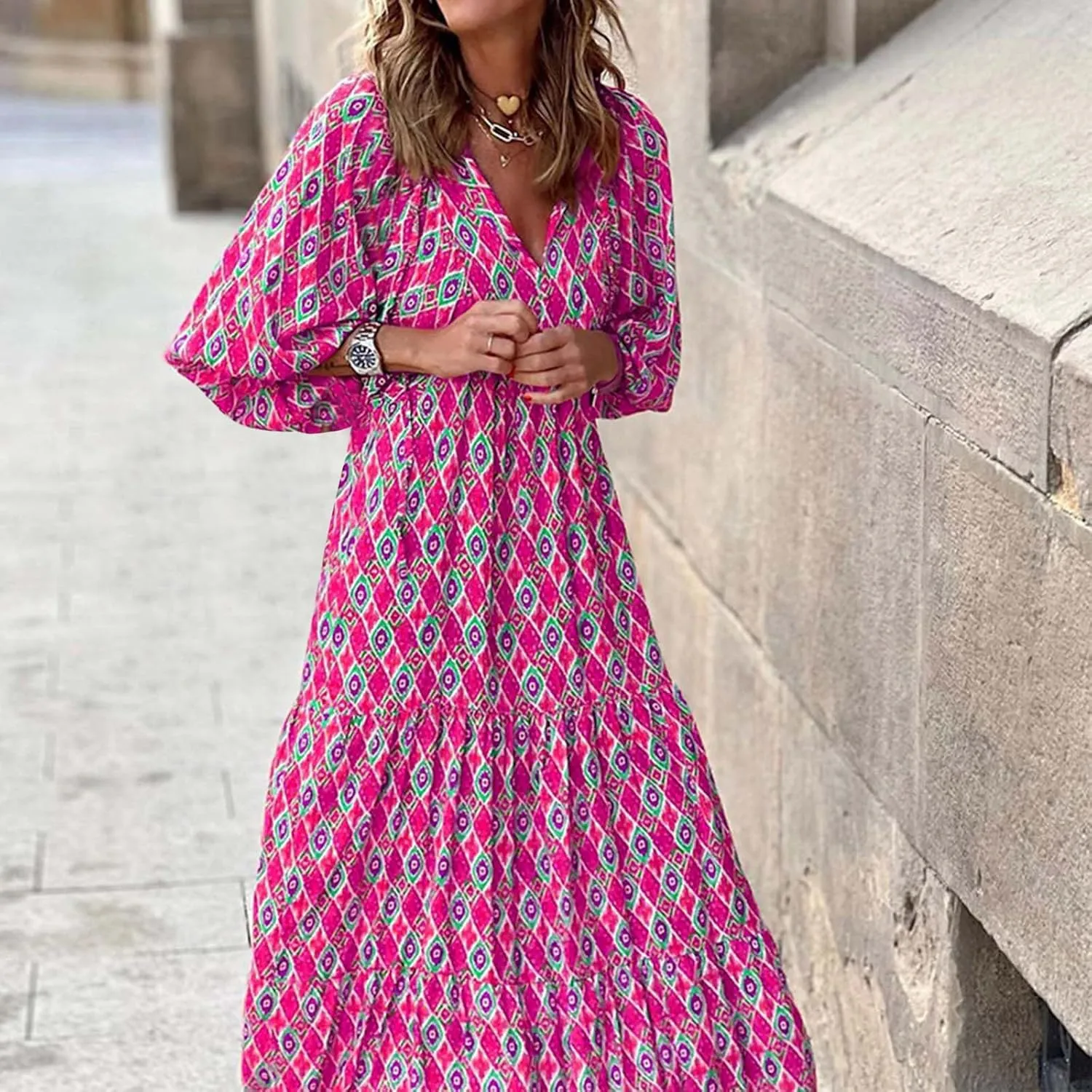 Women's Elbow Sleeve Trendy Summer Dresses Boho Floral Print Midi Dresses Flowy Loose Casual Beach Dress