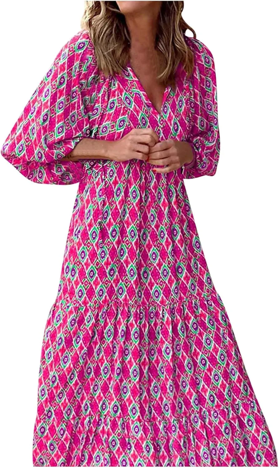 Women's Elbow Sleeve Trendy Summer Dresses Boho Floral Print Midi Dresses Flowy Loose Casual Beach Dress