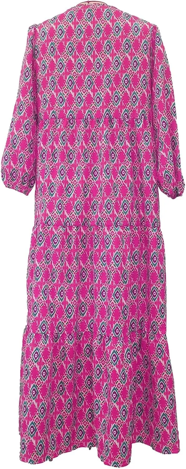 Women's Elbow Sleeve Trendy Summer Dresses Boho Floral Print Midi Dresses Flowy Loose Casual Beach Dress