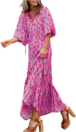 Women's Elbow Sleeve Trendy Summer Dresses Boho Floral Print Midi Dresses Flowy Loose Casual Beach Dress