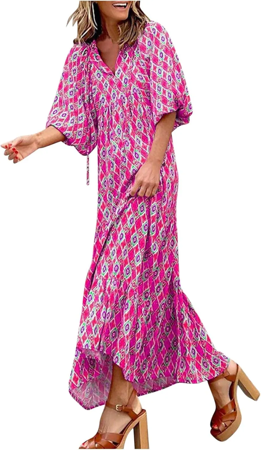 Women's Elbow Sleeve Trendy Summer Dresses Boho Floral Print Midi Dresses Flowy Loose Casual Beach Dress