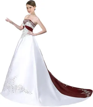 Women's Embroidered Satin Wedding Dresses Vintage A Line Strapless Corset Back Bridal Gowns with Train