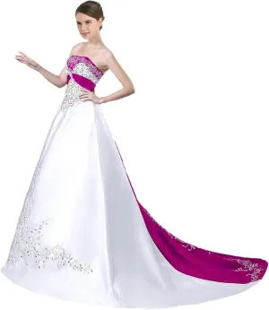 Women's Embroidered Satin Wedding Dresses Vintage A Line Strapless Corset Back Bridal Gowns with Train
