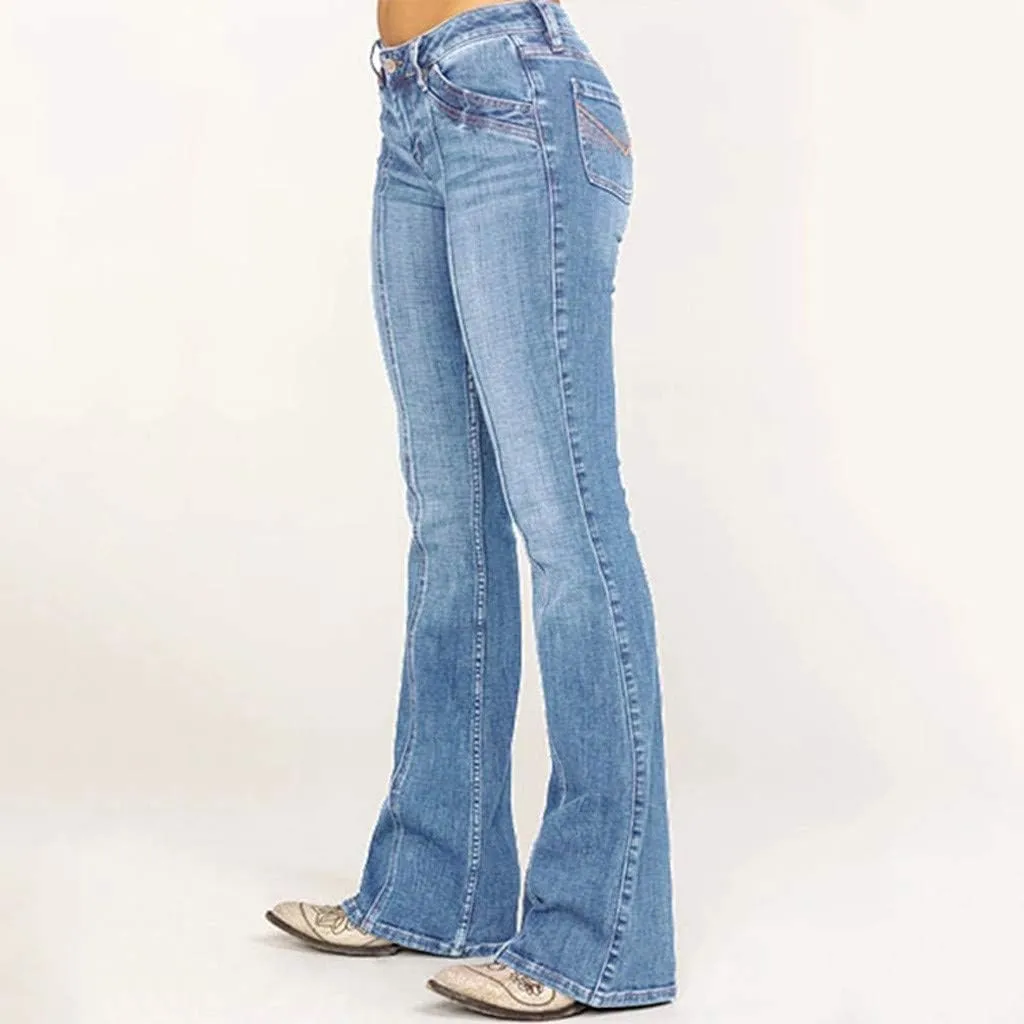 Womens Flared Jeans Stretchy Mid-Waisted Wide Leg Boot Cut Denim Pants Stylish Bell Bottom Jean Trousers with Pockets