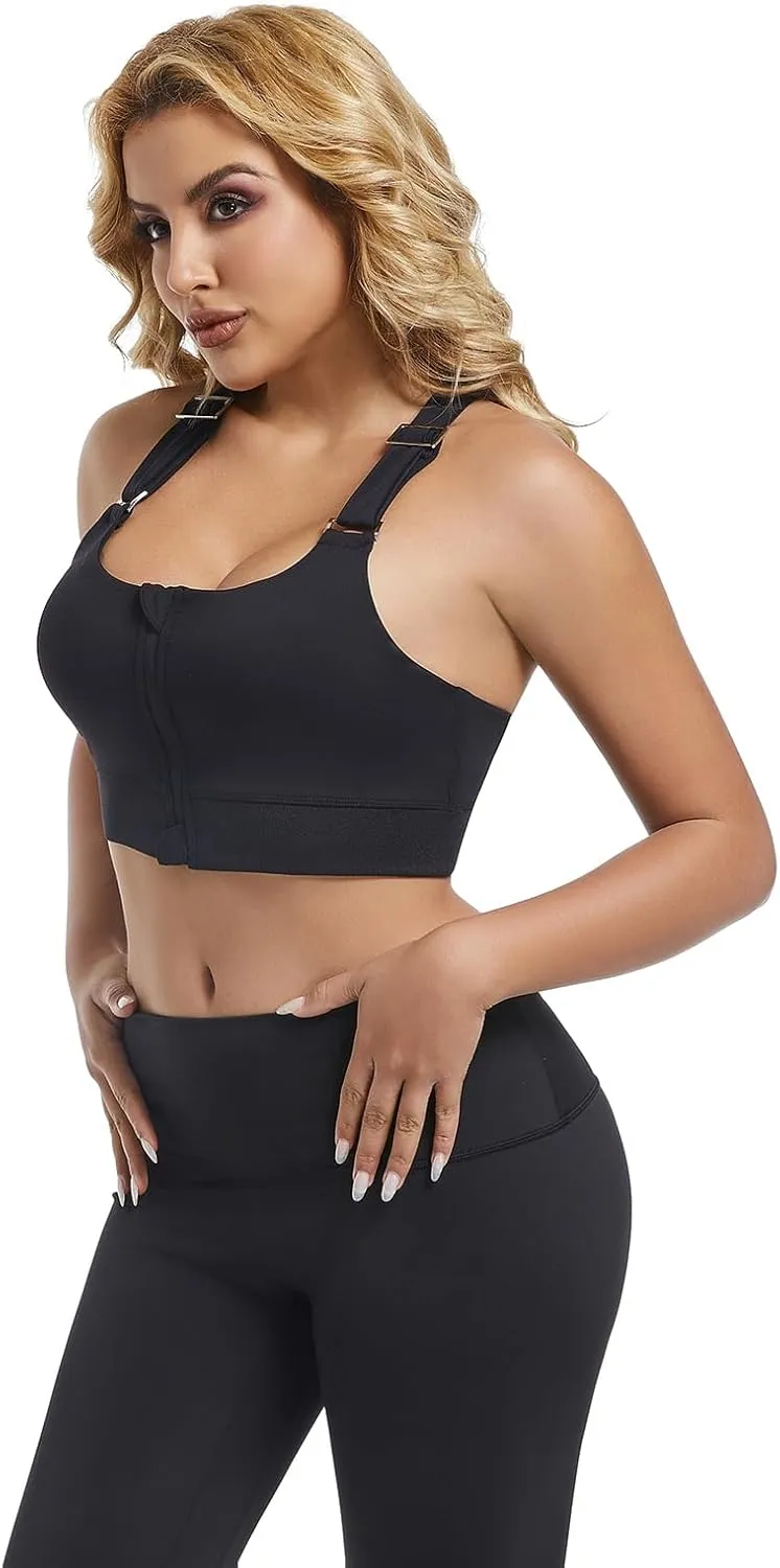 Women's Front Zip Up High Impact with Adjustable Spaghetti Strap Workout Sports Yoga Bras