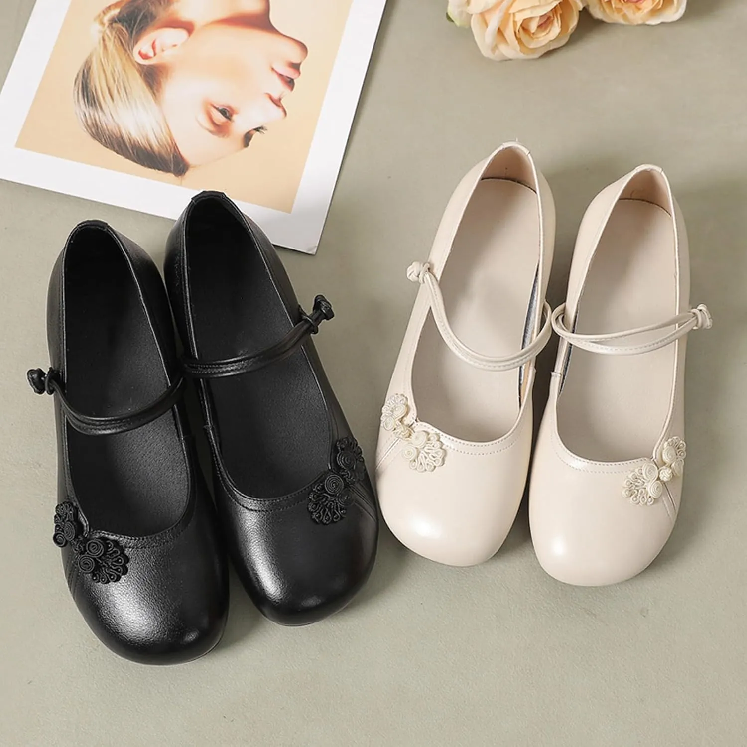 Women's Genuine Leather Low Chunky Block Heels Mary Jane Shoes Fashion Carving Closed Round Toe Shallow Mouth Slip On Dress Pumps Casual Luxury Wedding Ethnic Shoes