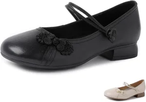 Women's Genuine Leather Low Chunky Block Heels Mary Jane Shoes Fashion Carving Closed Round Toe Shallow Mouth Slip On Dress Pumps Casual Luxury Wedding Ethnic Shoes