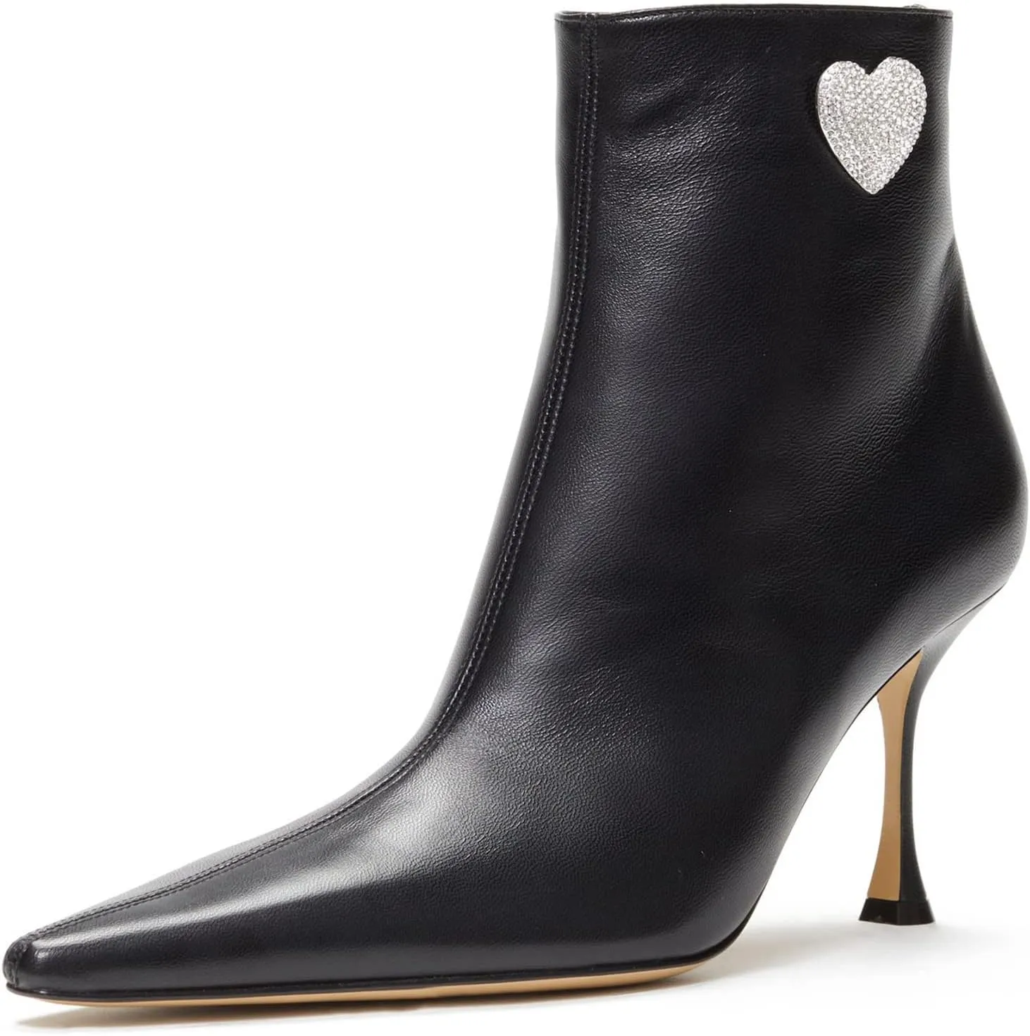 Women's High Heel Ankle Boots Crystal Heart Rhinestones Embellished Sexy Pointed Toe Stilettos Dress Black Booties