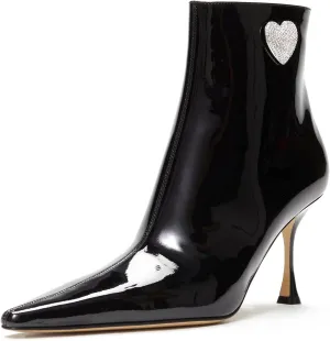 Women's High Heel Ankle Boots Crystal Heart Rhinestones Embellished Sexy Pointed Toe Stilettos Dress Black Booties