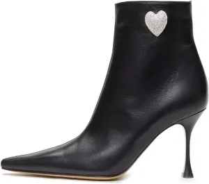 Women's High Heel Ankle Boots Crystal Heart Rhinestones Embellished Sexy Pointed Toe Stilettos Dress Black Booties
